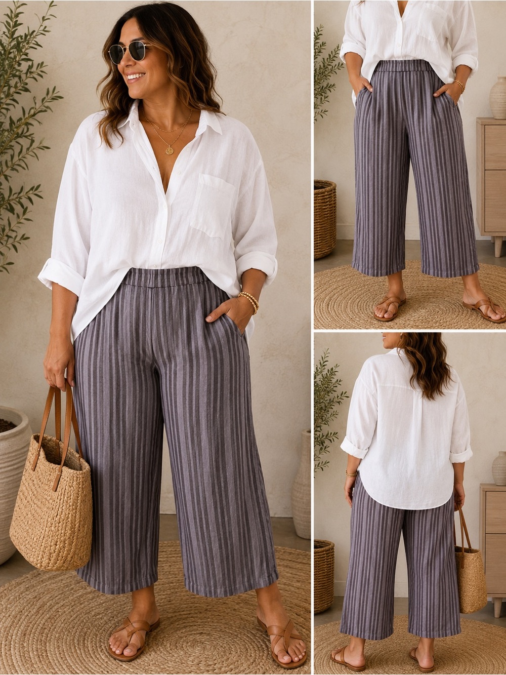 Striped Cropped Wide-Leg Pants - Gray